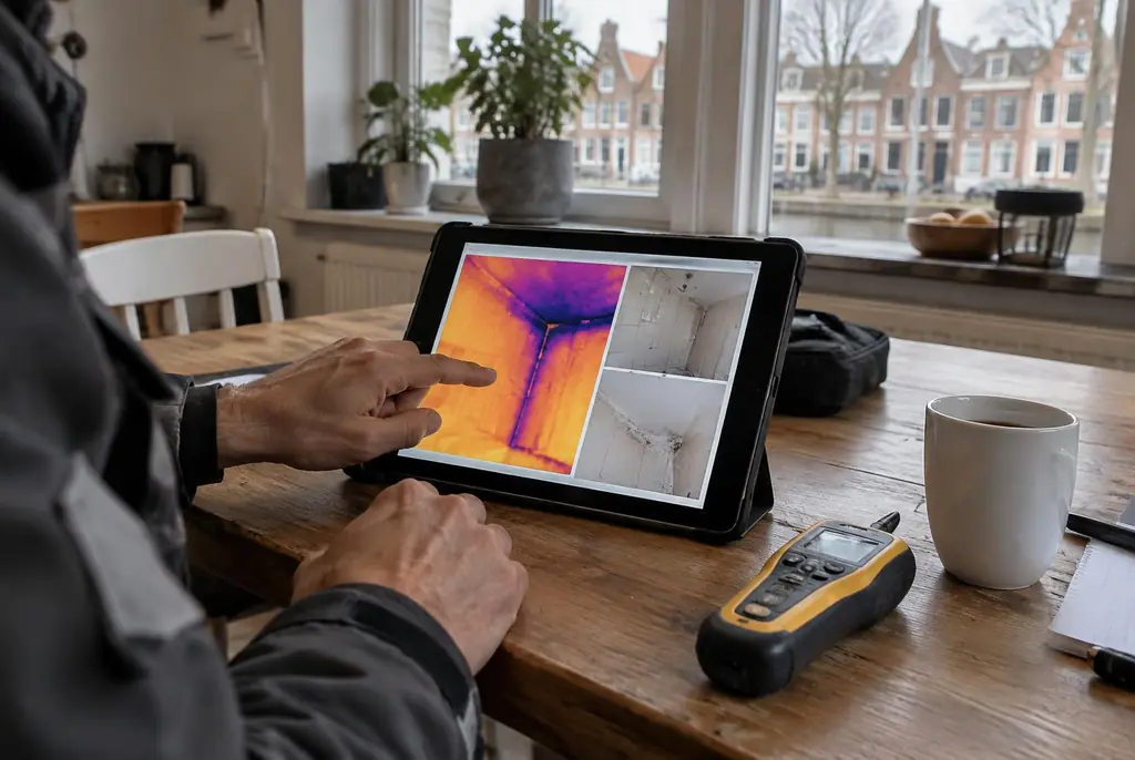 Lekdetectie Druten – lekdetectierapport met warmtebeelden en foto's op een tablet