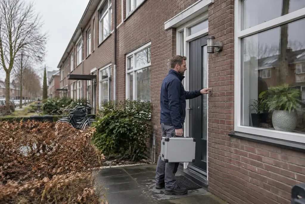 Lekdetectiespecialist met meetkoffer bij de voordeur van een woning in Druten